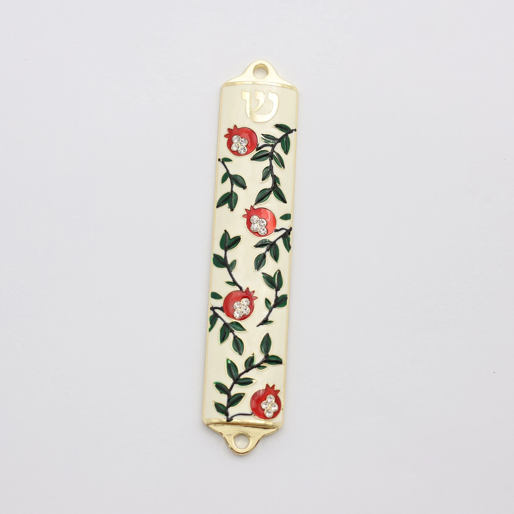 Gold pomegranate mezuzah case with enamel and rhinestones