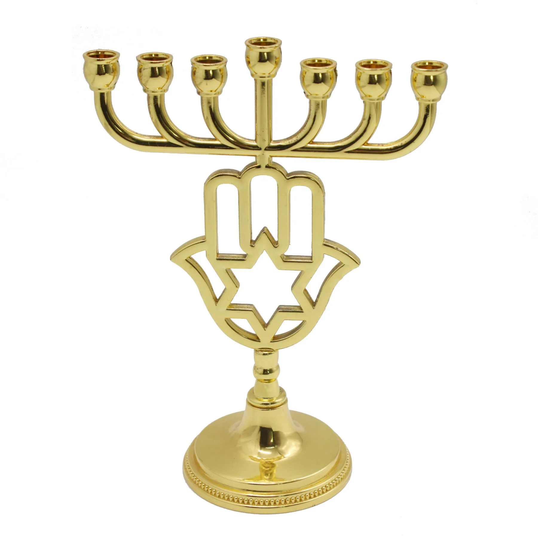 Gold plated Hamsa menorah with hollowed Star of David design