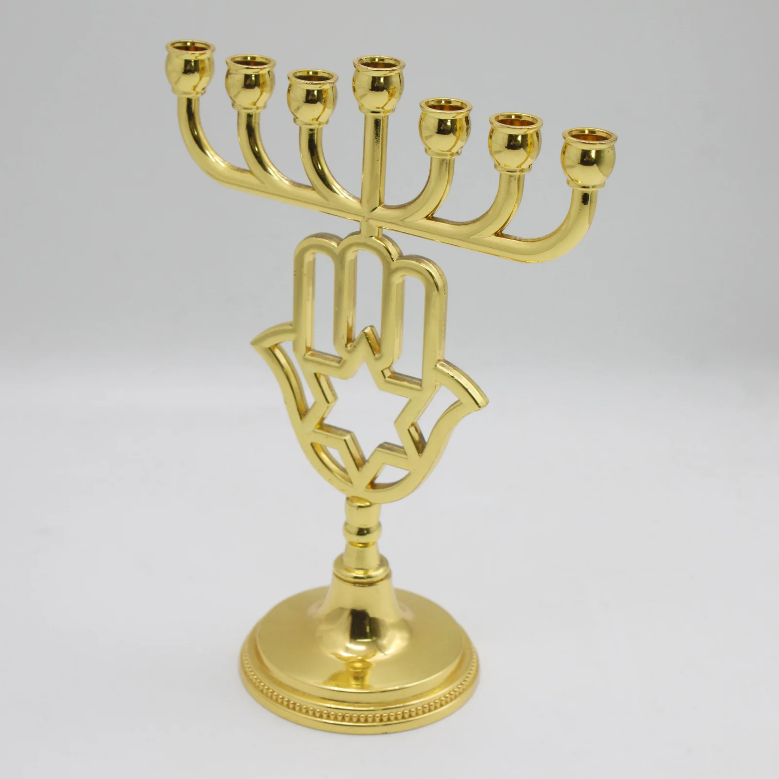 Hamsa menorah shown from the front on its round base