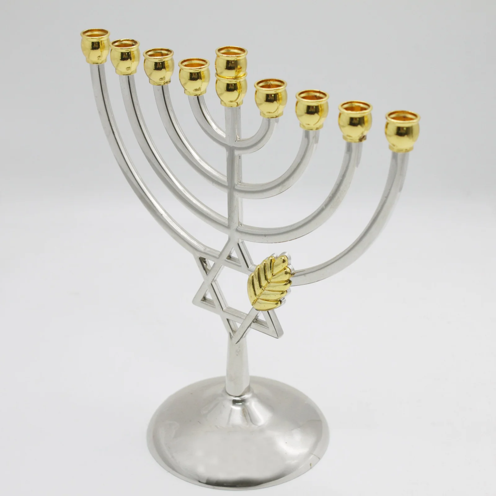 Hanukkah menorah shown from the front on a studio background