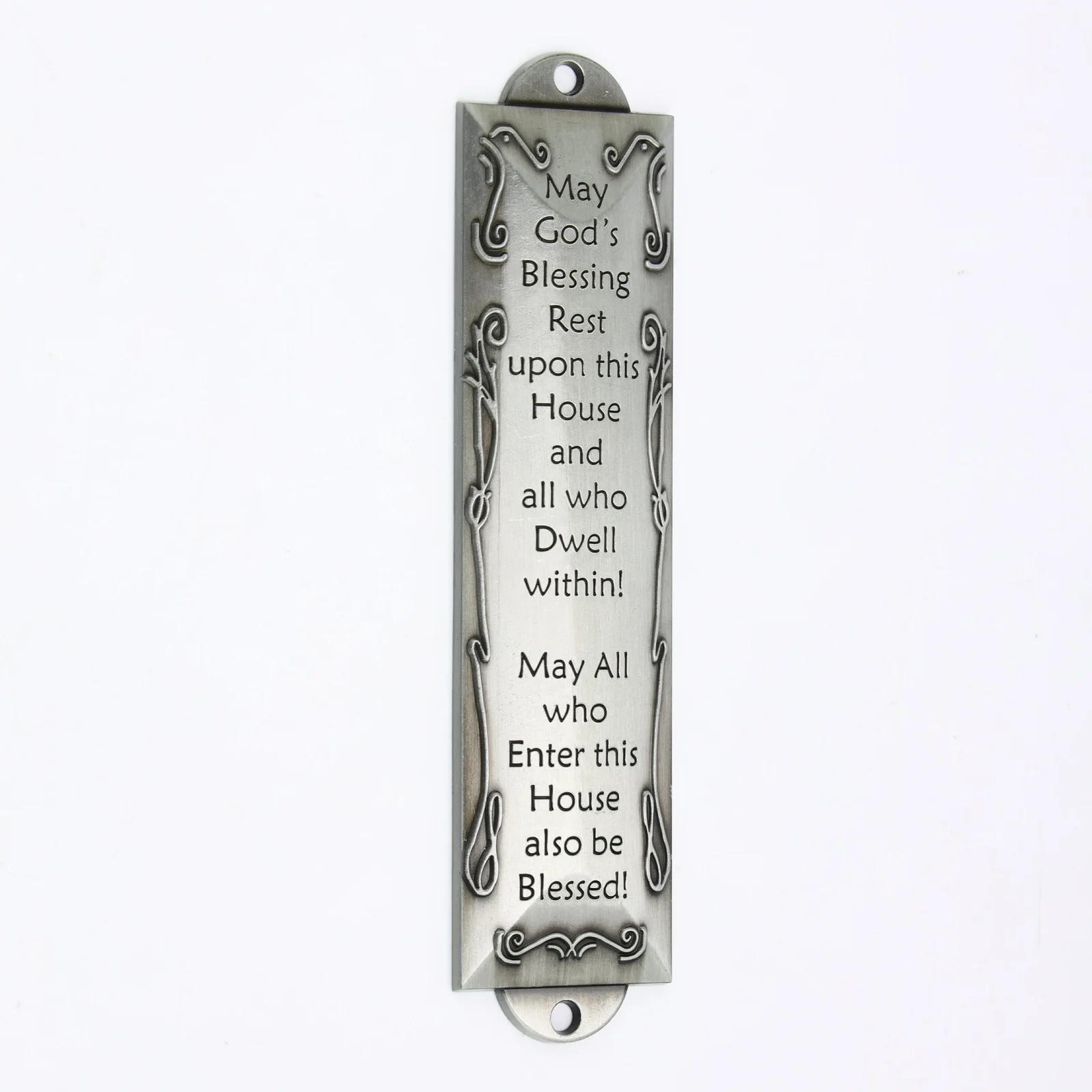 Close view of the engraved English blessing on the mezuzah case