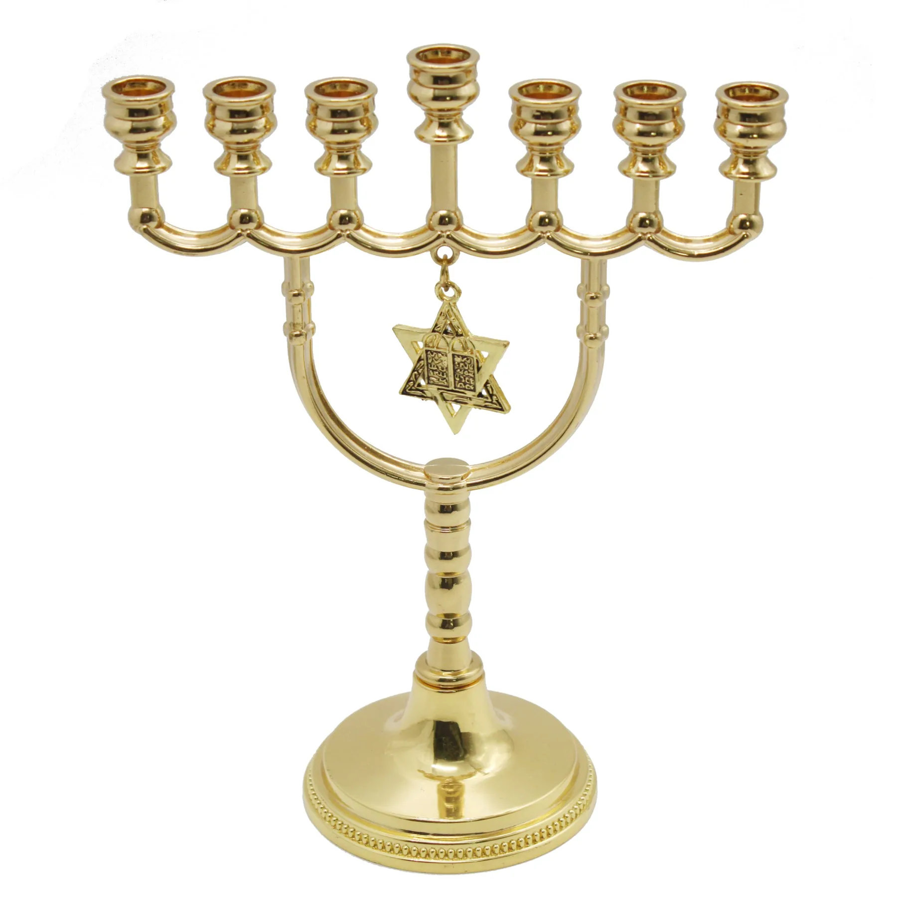 Gold seven branch menorah with central Star of David charm