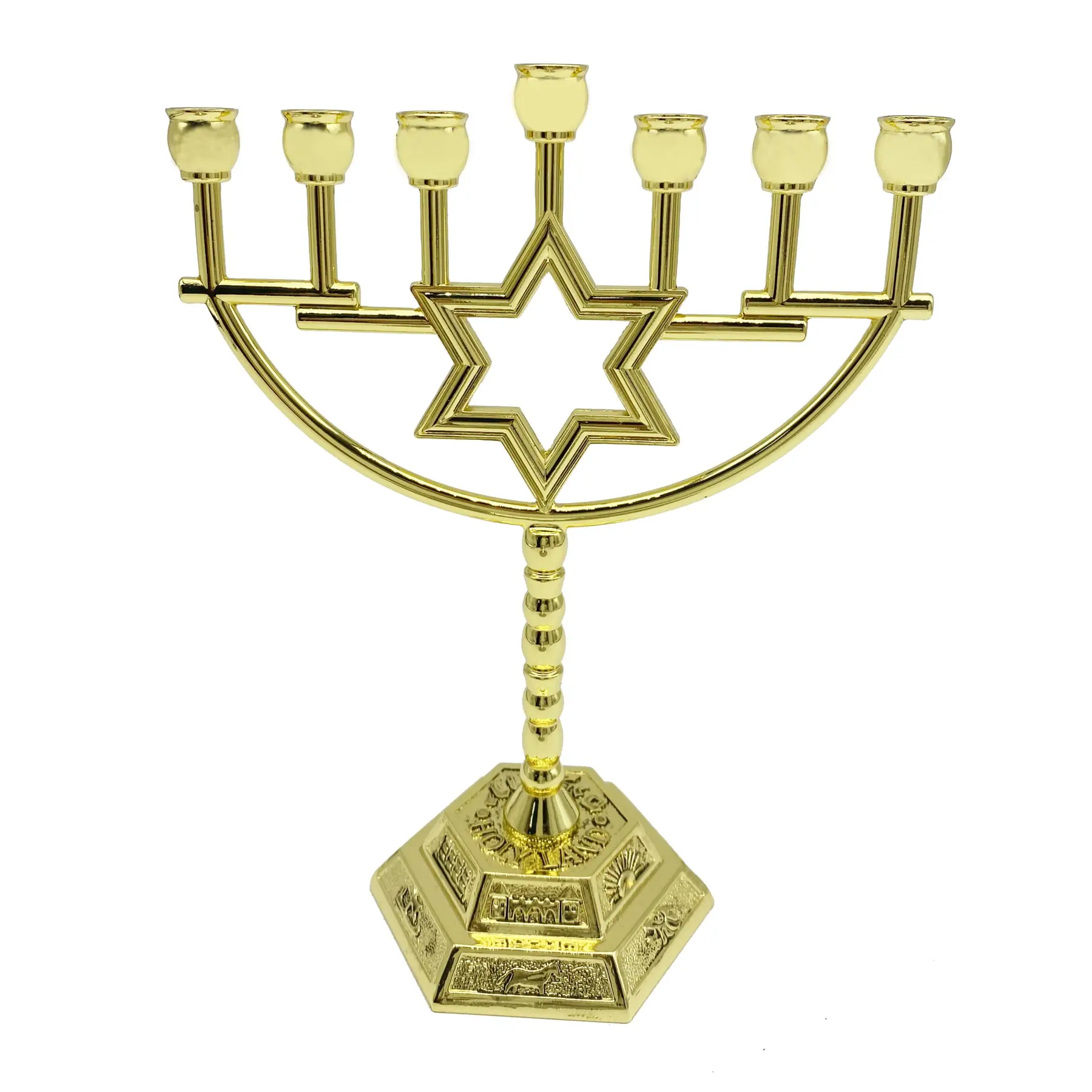 Gold plated Magen David Temple style seven branch menorah