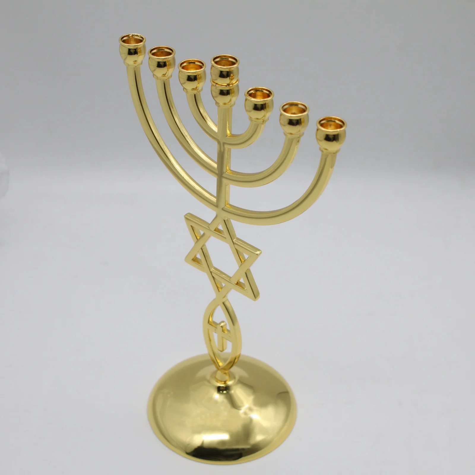Messianic menorah shown from the front on a studio background