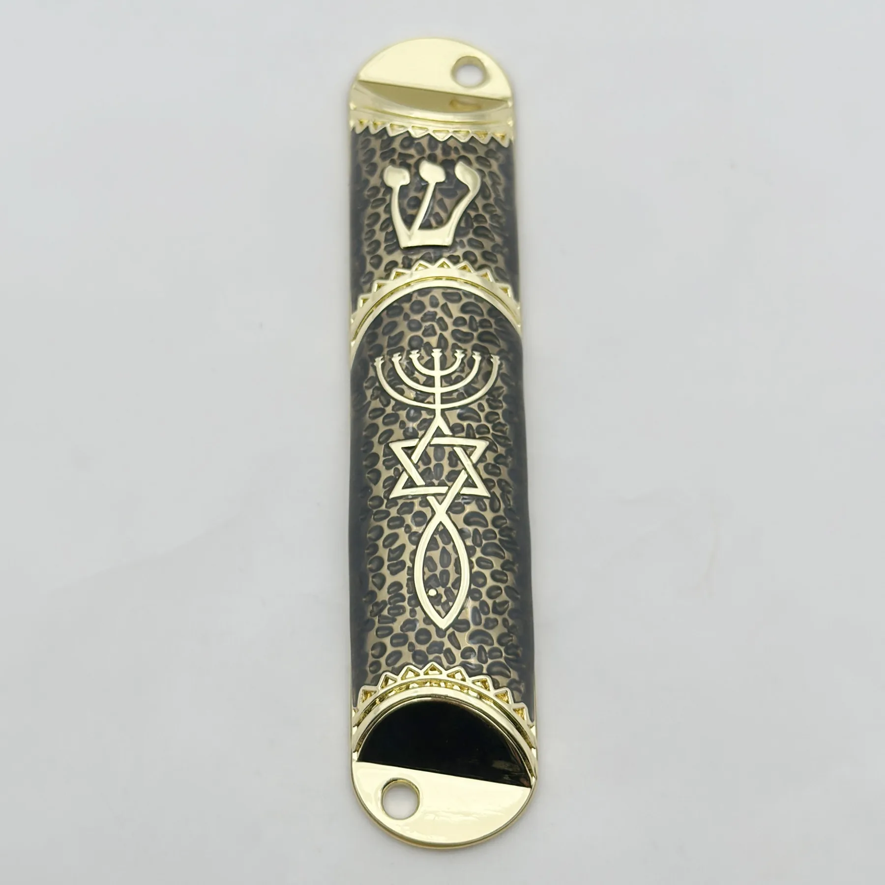 Close view of the enamel work on the Messianic mezuzah