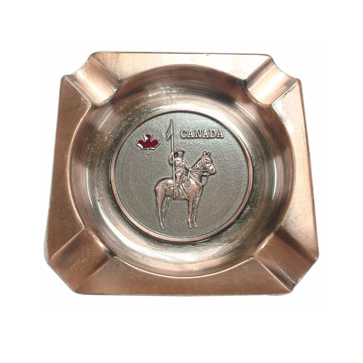 Metal cigar ashtray viewed from the side showing the rest notch