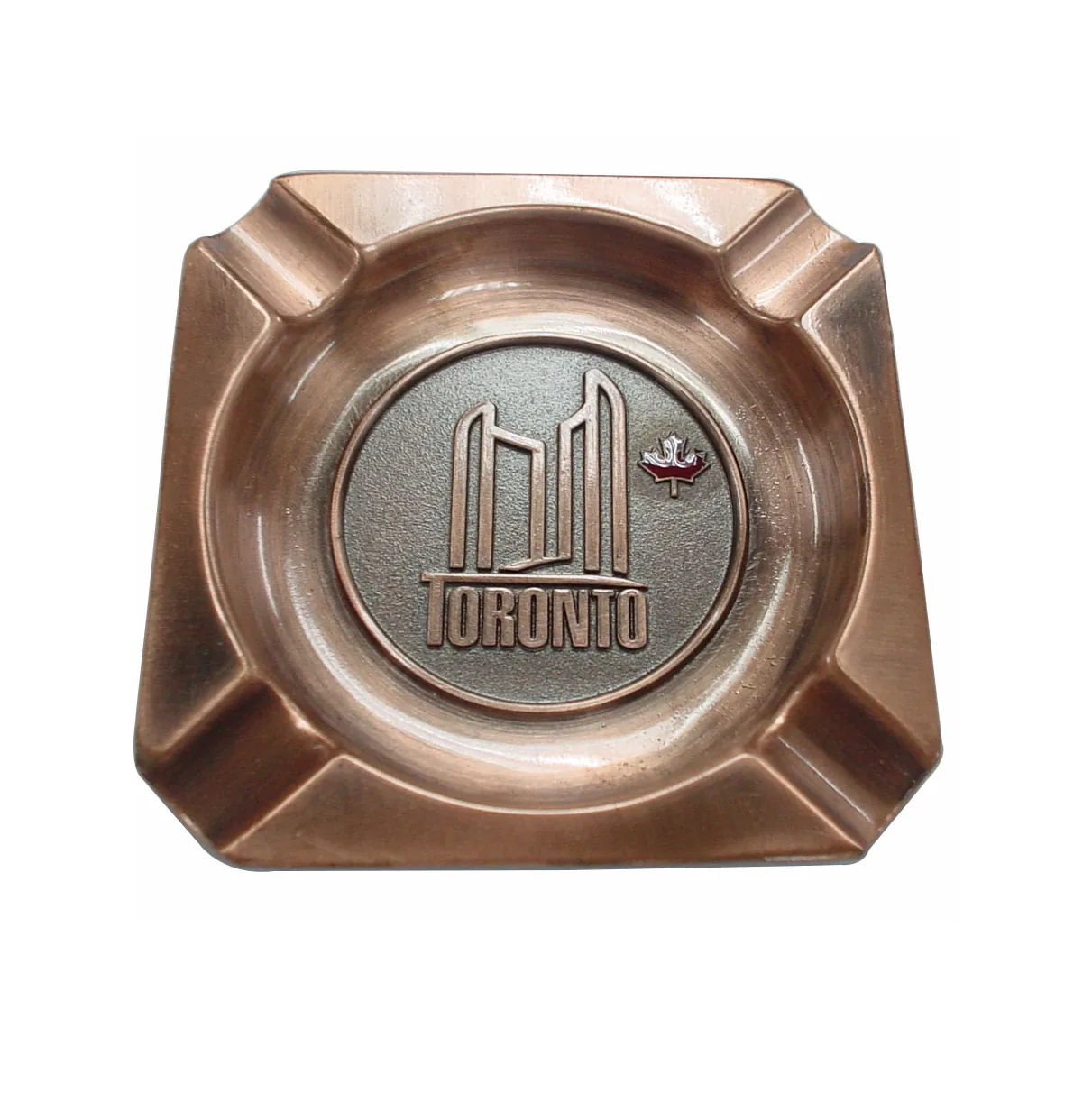 Custom metal cigar ashtray shown from above