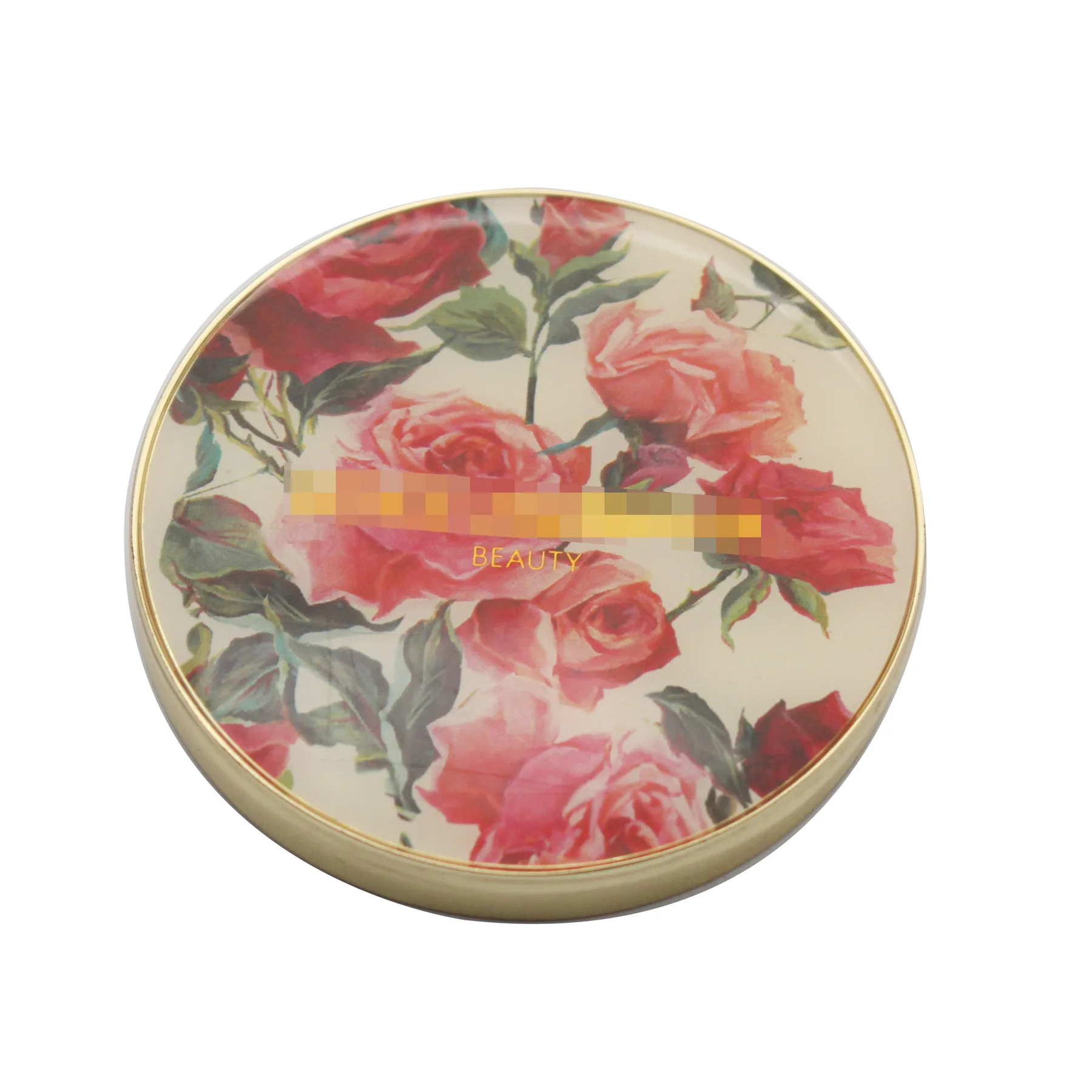 Gold plated compact mirror with flower design under an epoxy dome