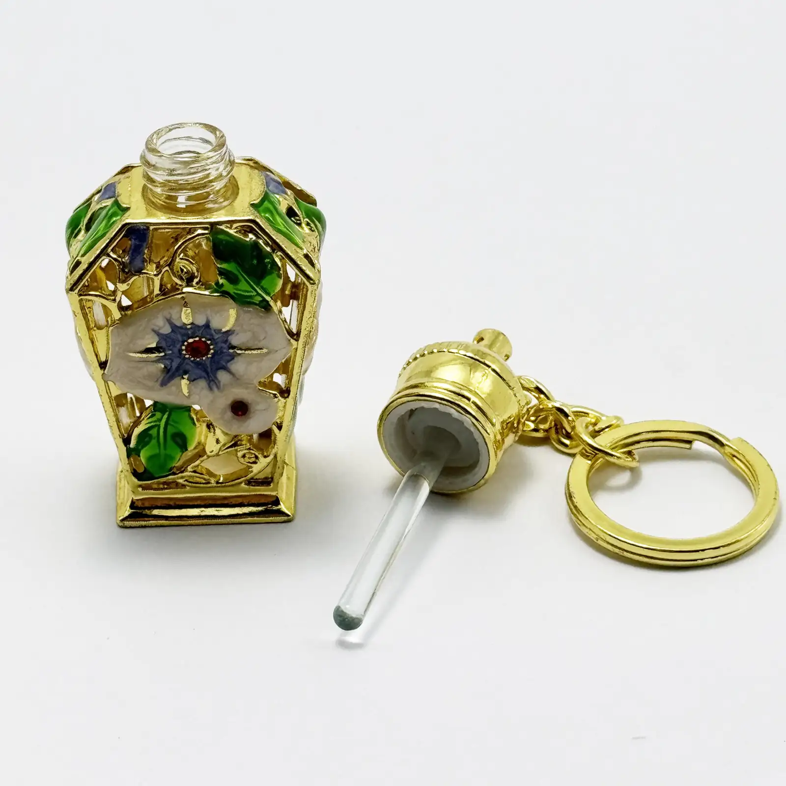Perfume bottle keyring shown from the front