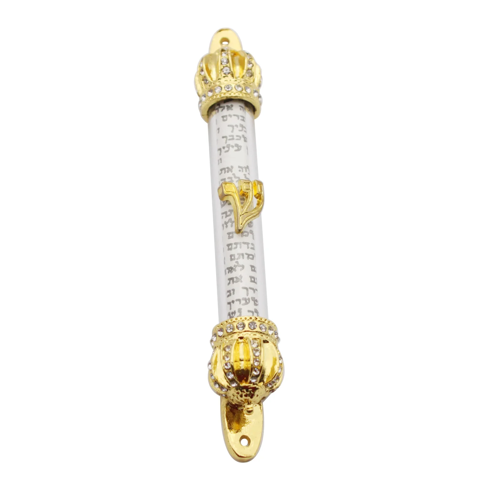 Royal crown mezuzah shown from the front with the scroll visible