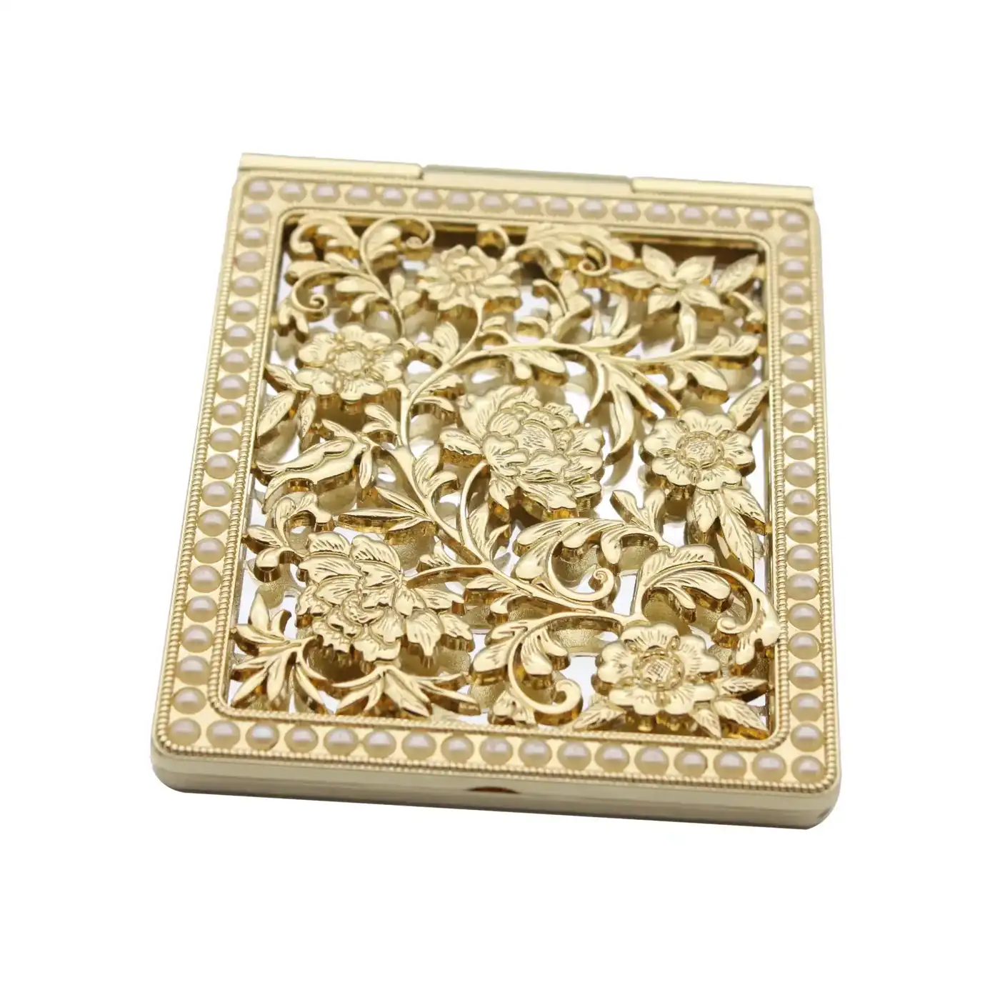 Gold plated foldable compact mirror with hollowed flower case and pearls