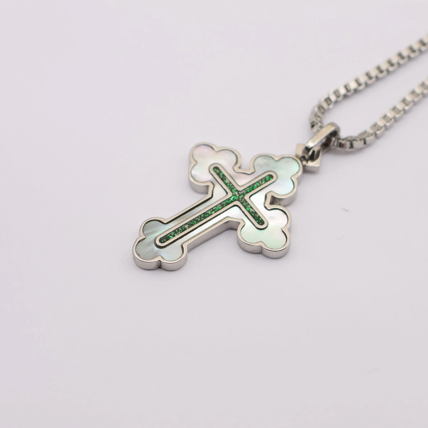 Polished stainless steel cross necklace with shell and enamel inlay
