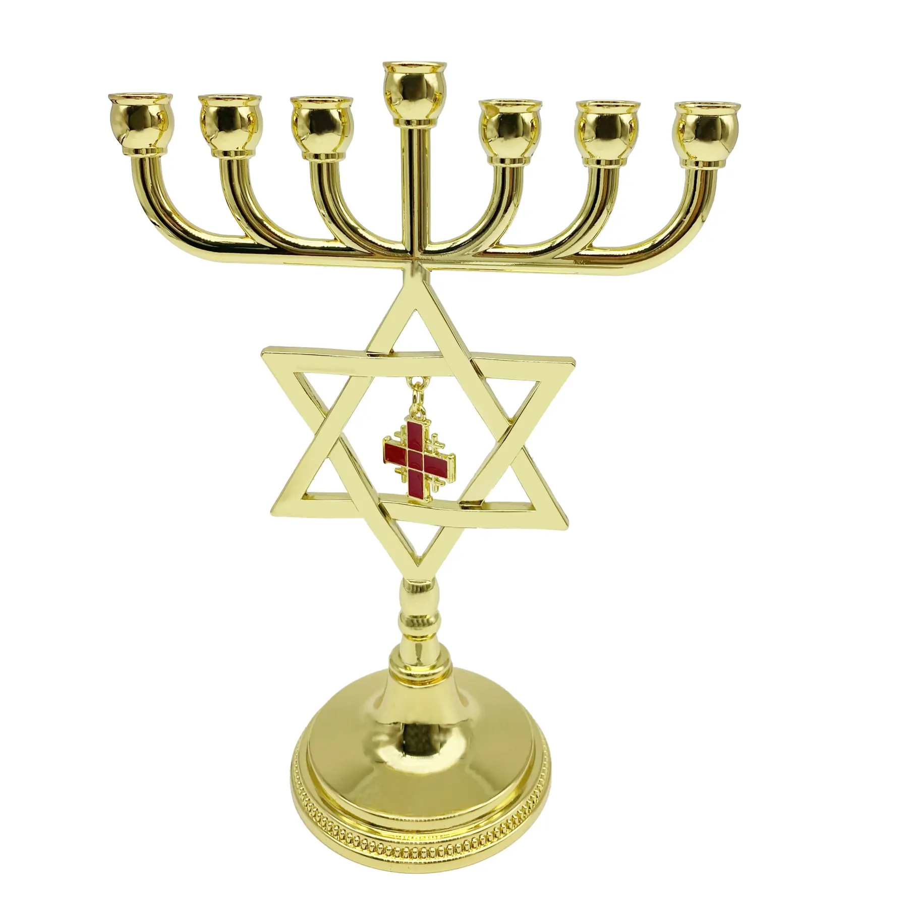 Gold Star of David menorah with removable Jerusalem Cross charm