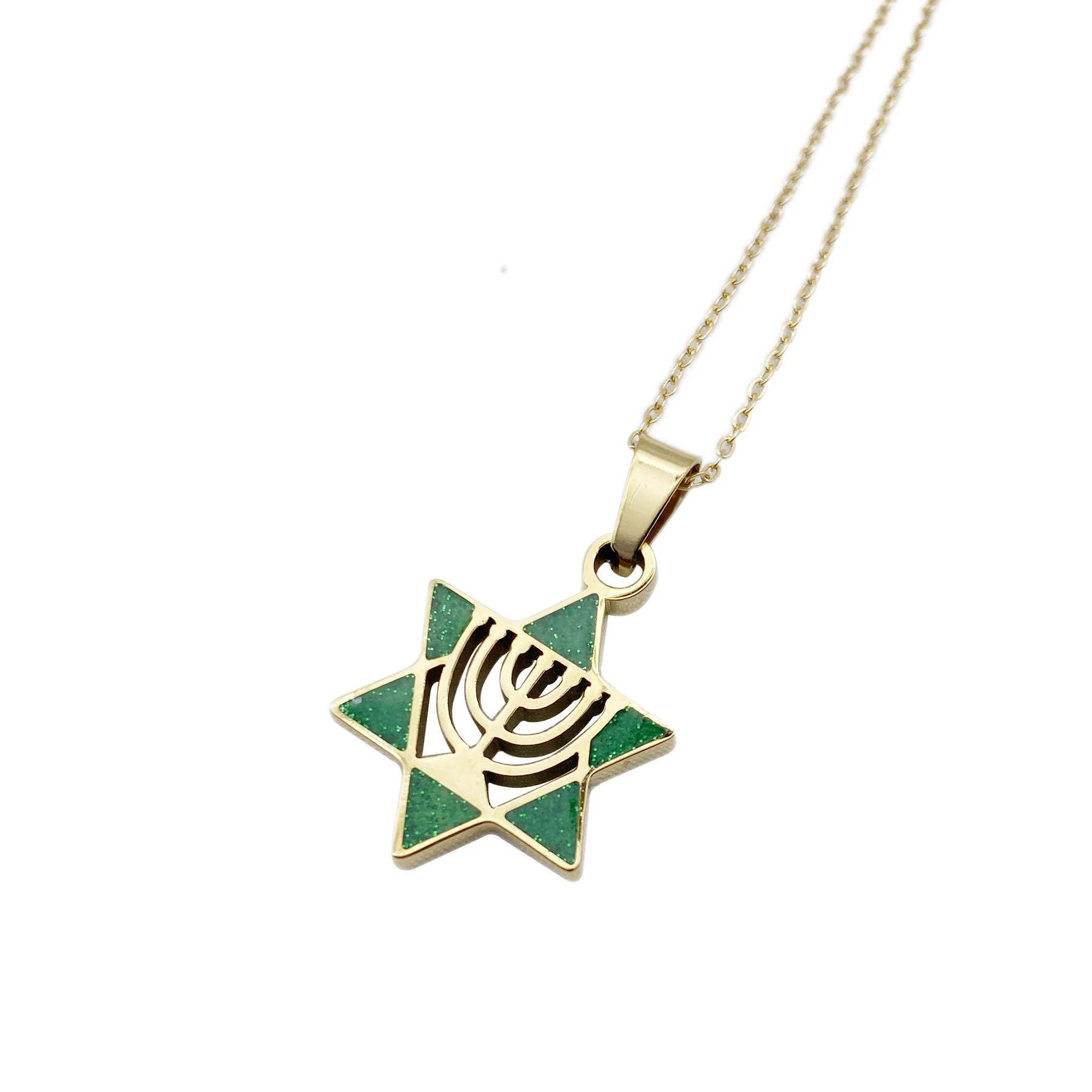 Gold Star of David and menorah enamel pendant necklace