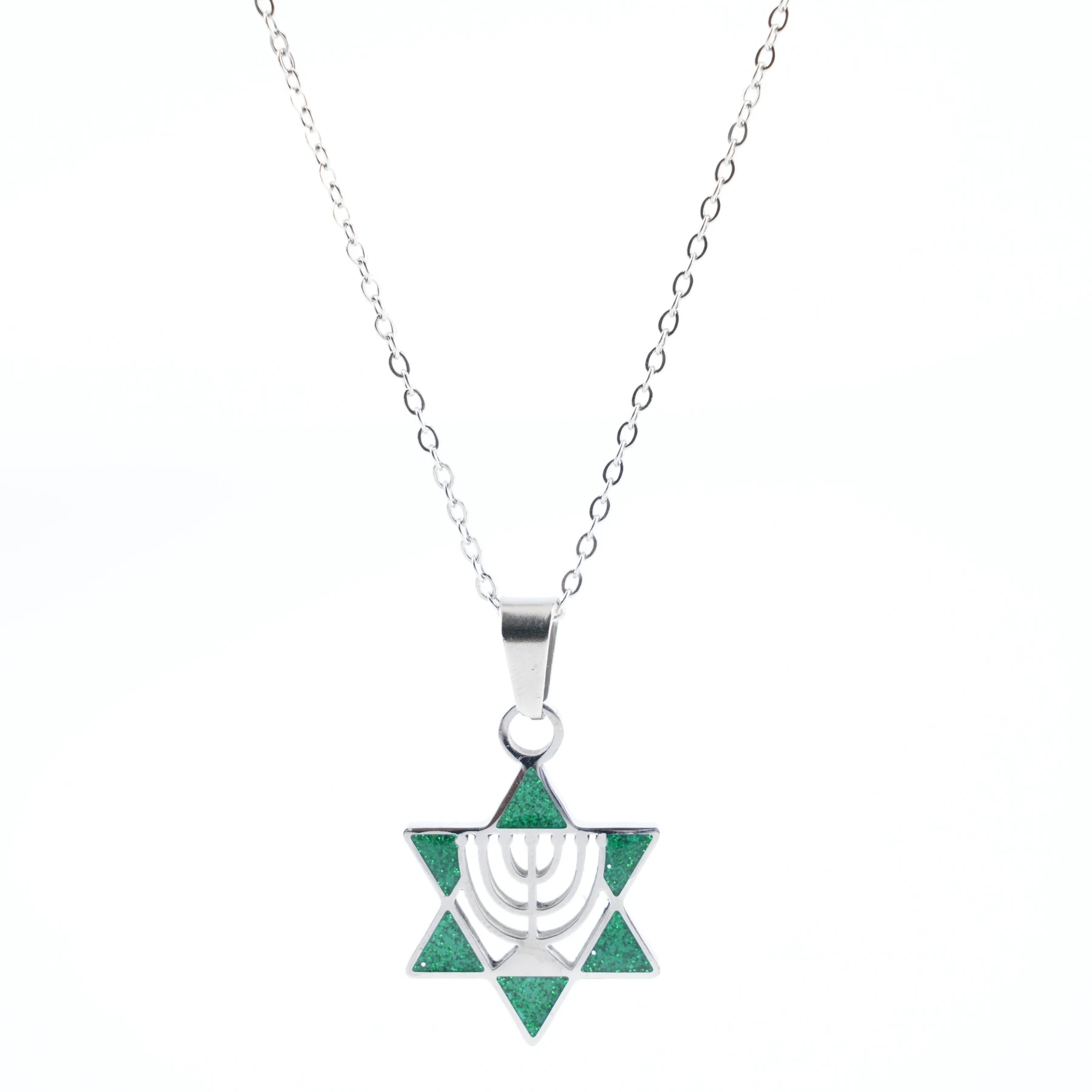 Star of David menorah necklace shown with its chain