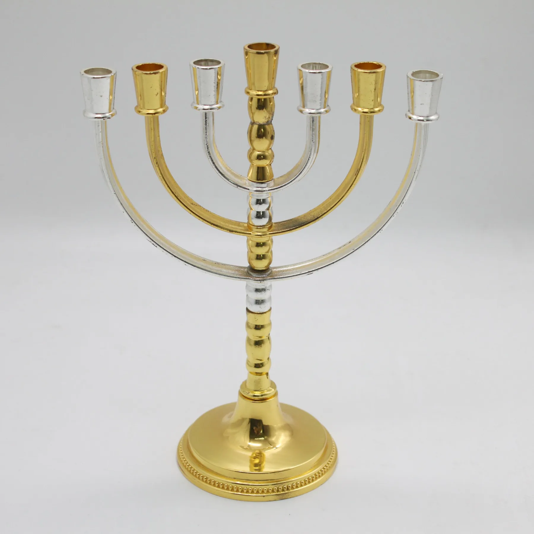 Angled view of the two tone gold and silver menorah