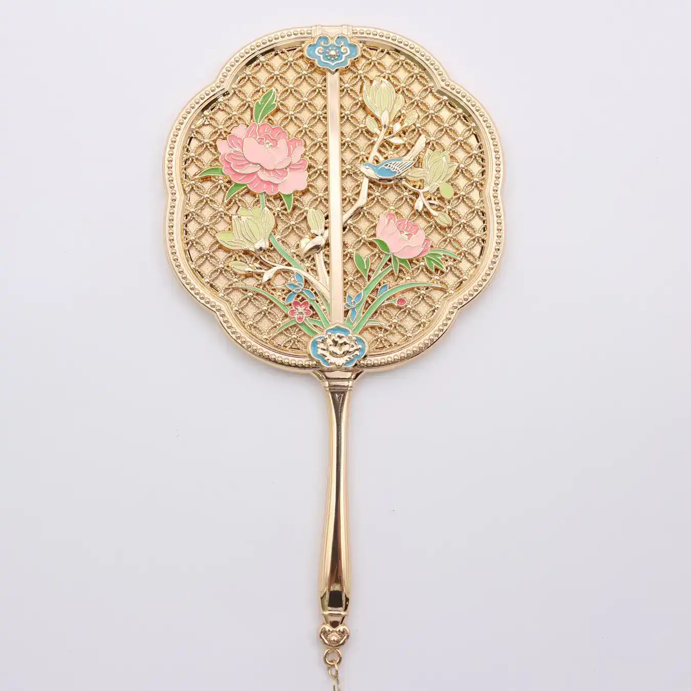 Gold plated hand mirror with UV printed colour artwork
