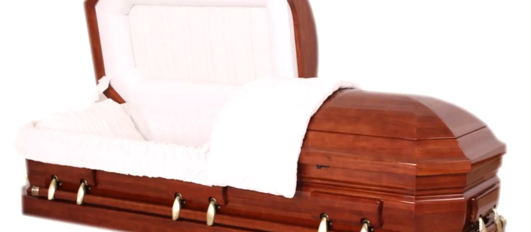 Cherry finish wooden casket with crepe interior and metal hardware