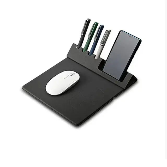 Black 4-in-1 wireless charging office mouse pad with pen holder