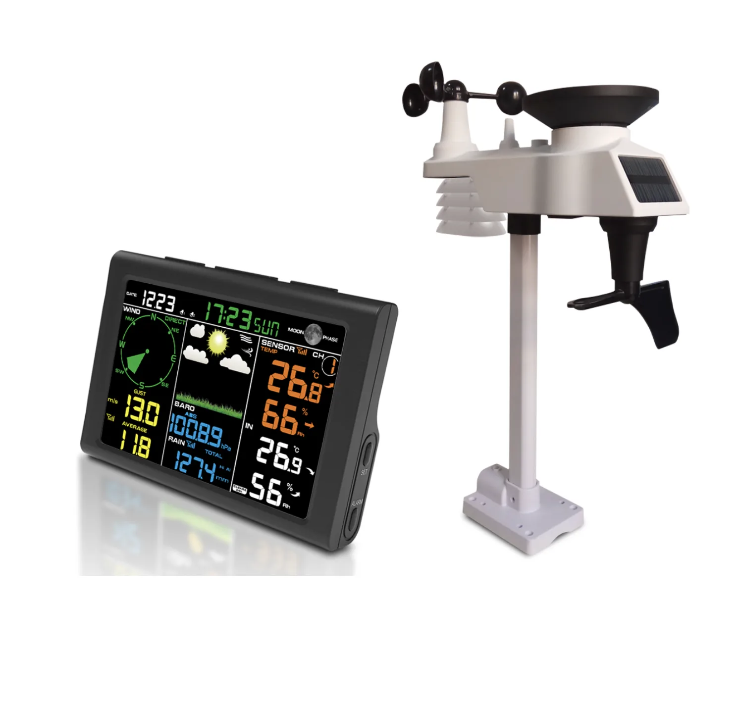 FT-0835 Wifi Weather Station console with integrated outdoor sensor and solar panel