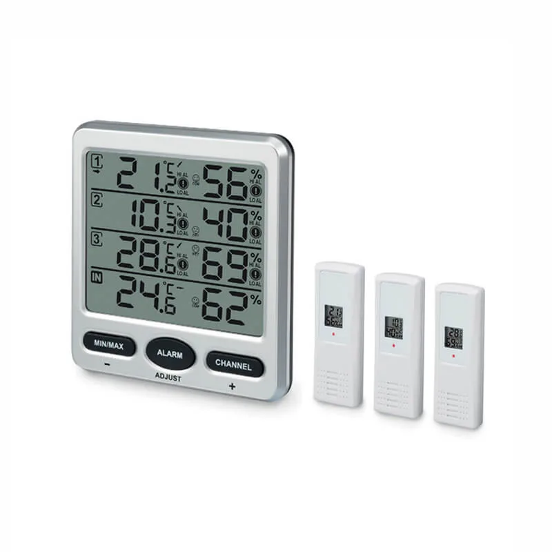 FT0073 wireless thermo-hygrometer console with three outdoor sensors mounted on poles
