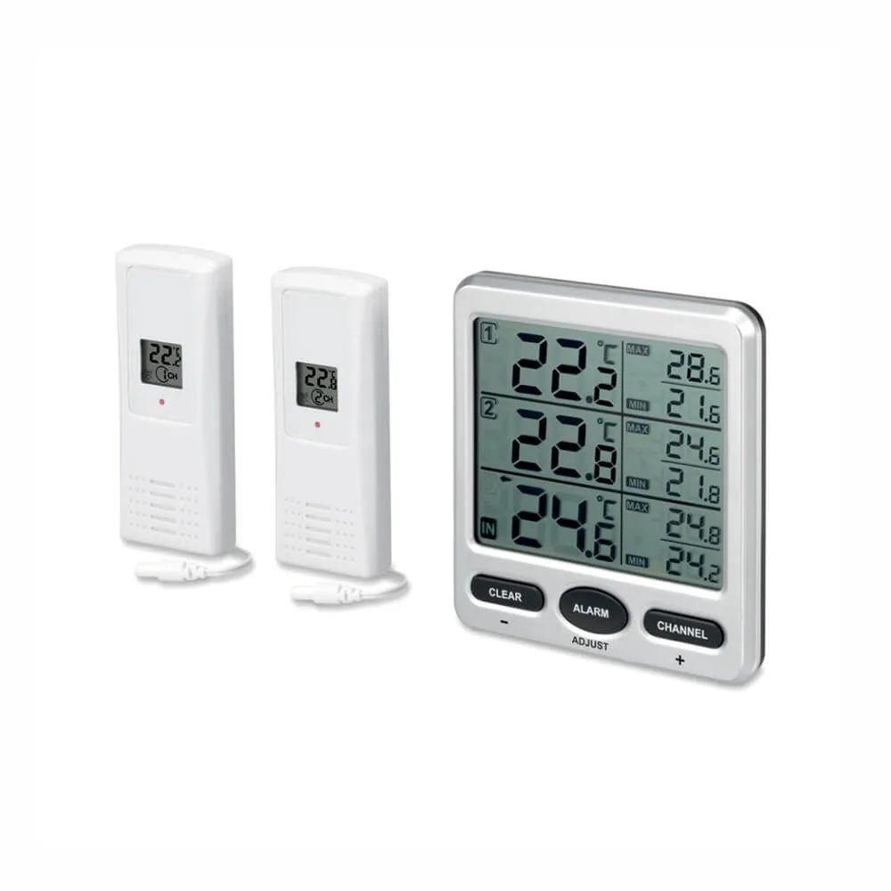 FT0076 wireless thermometer system with console and two remote sensors