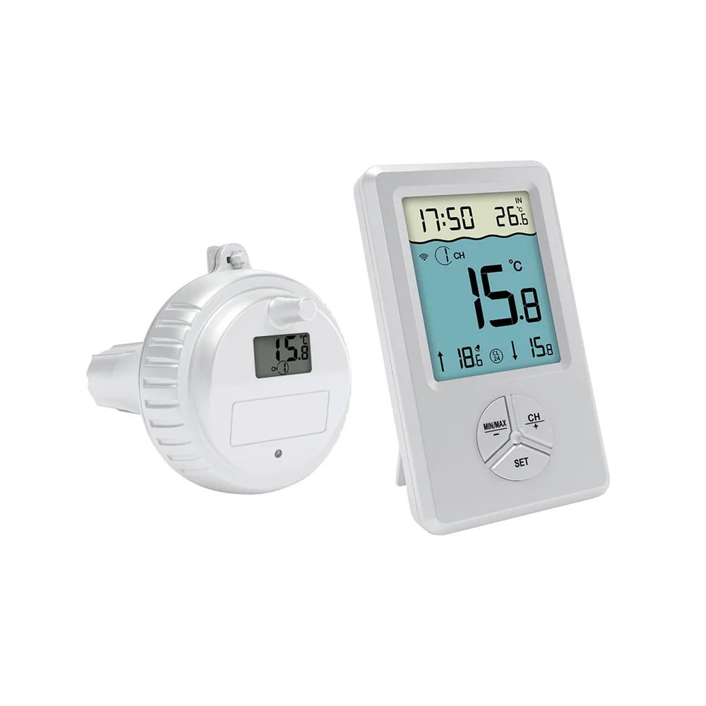 FT041A wireless pool thermometer with sensor and console, showing digital display and battery compartment