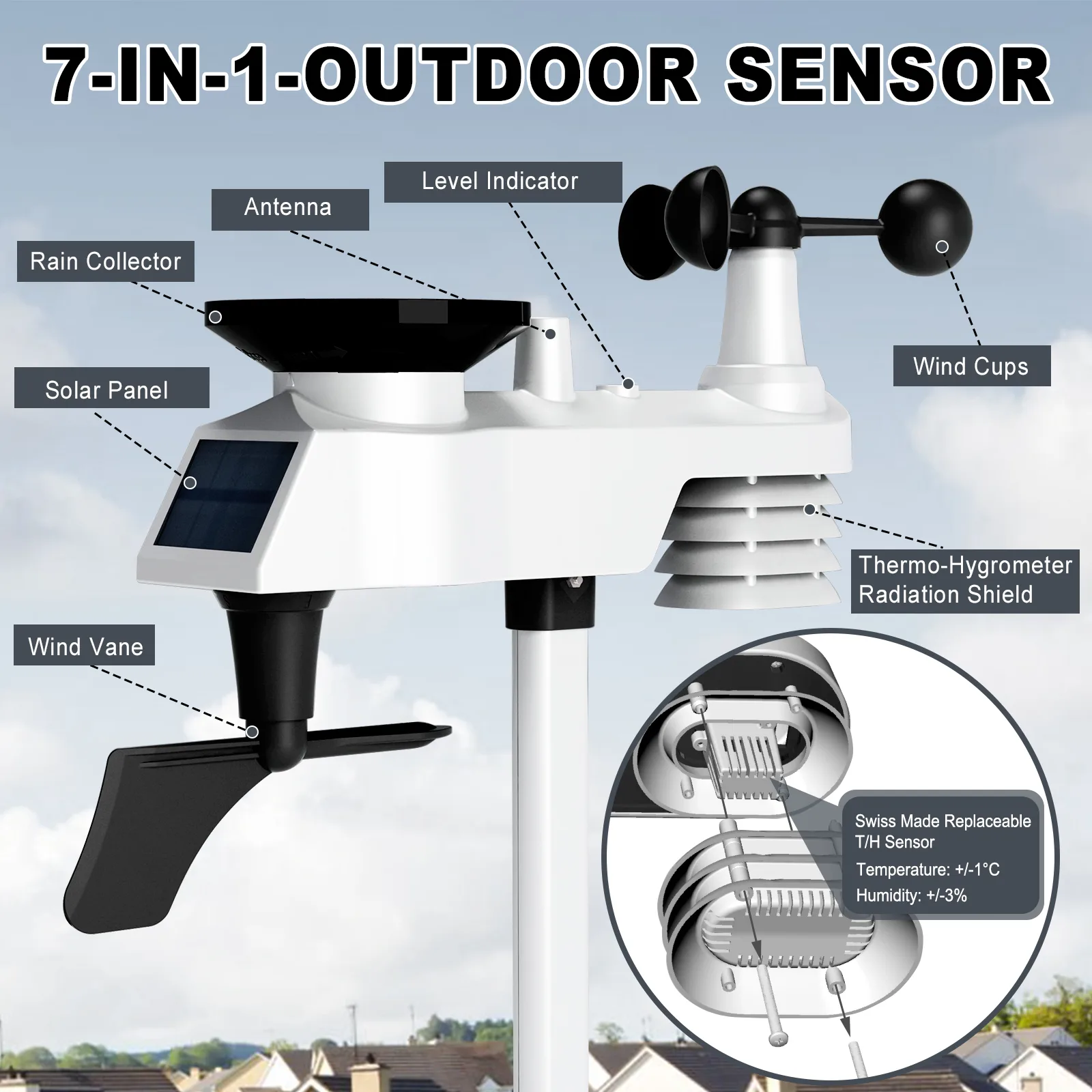 FT0342 outdoor sensor with integrated solar panel and mounting pole