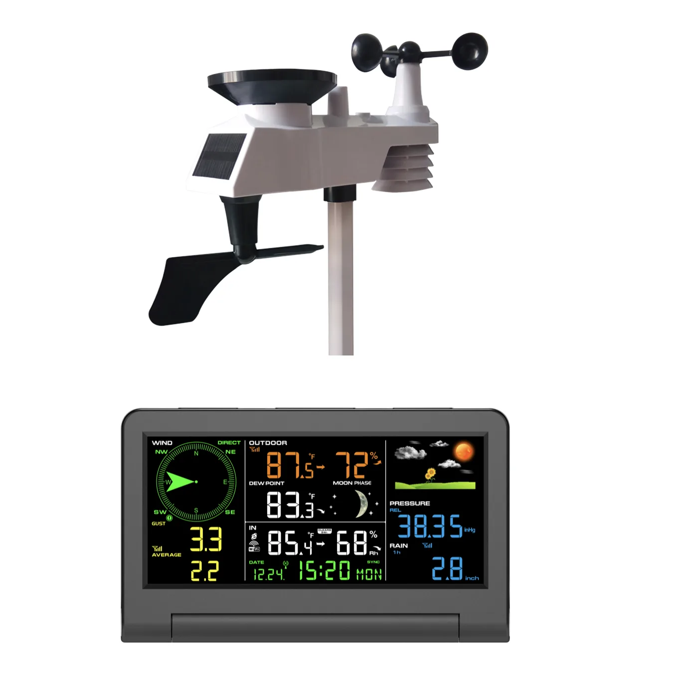 FT0350 RF weather station console with large LCD display and outdoor sensor mounted on a wall bracket