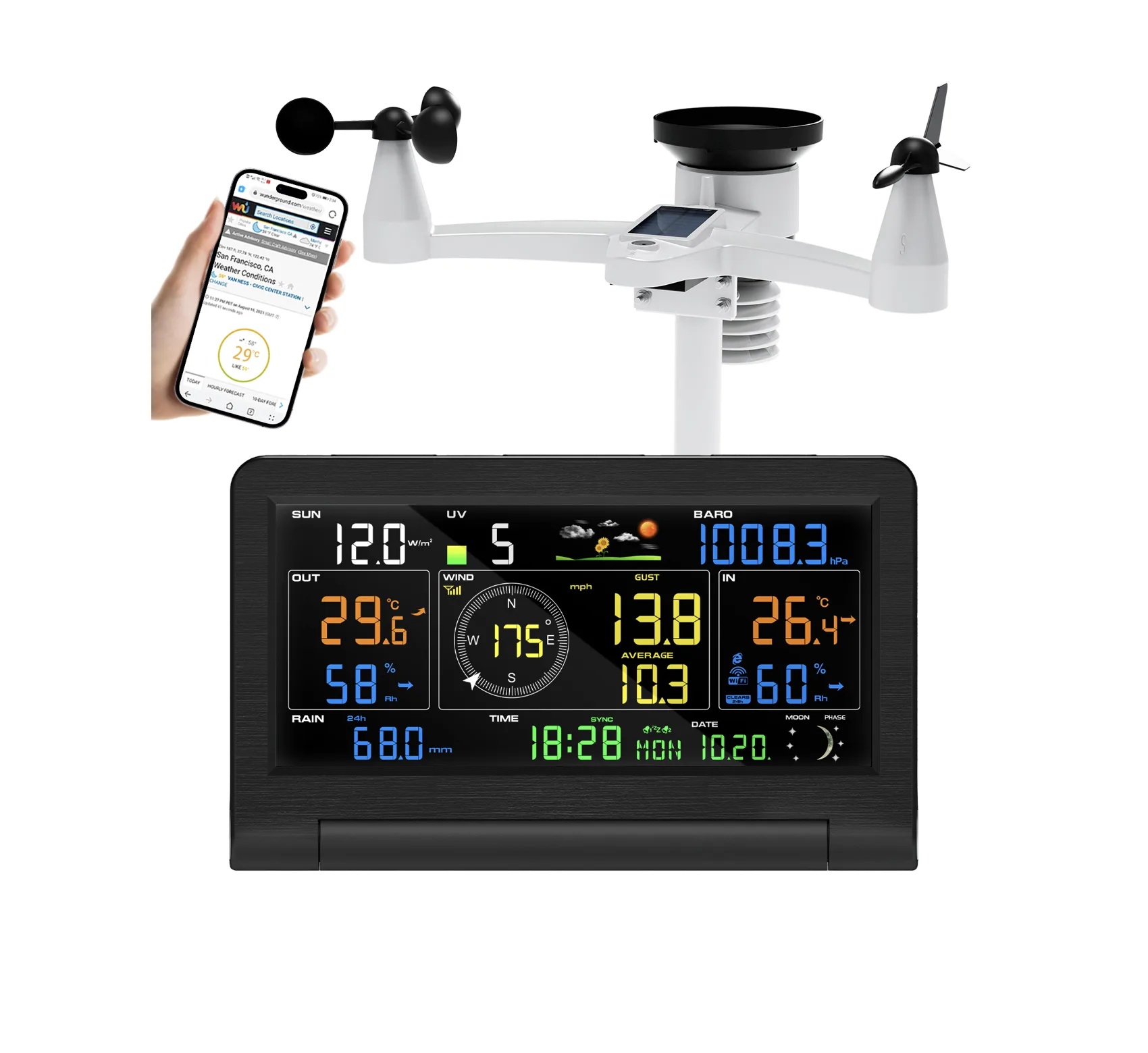 FT0355 WiFi weather station console with large display showing temperature, humidity, wind, and weather forecast