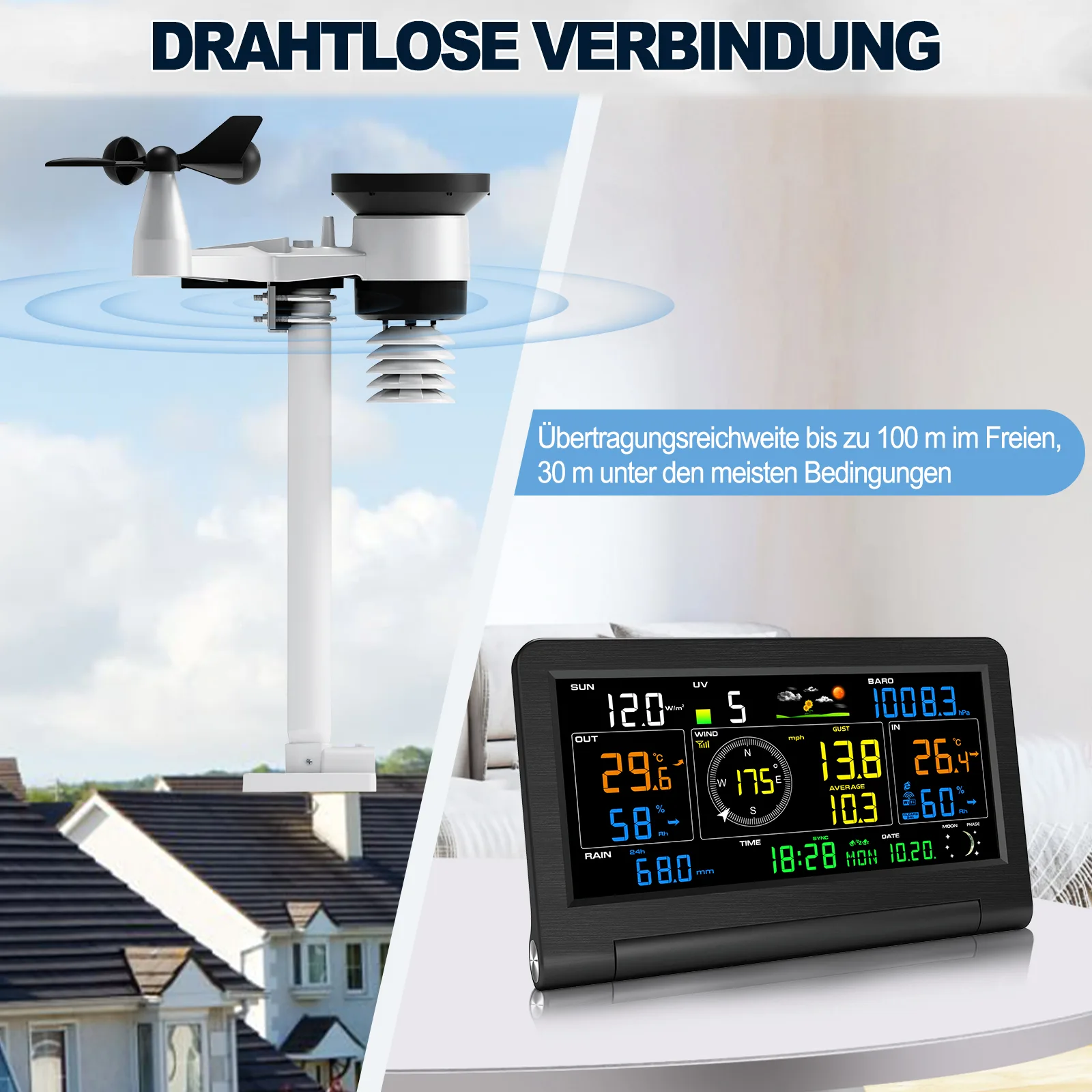 FT0355 weather station system with console and outdoor sensor in a garden setting