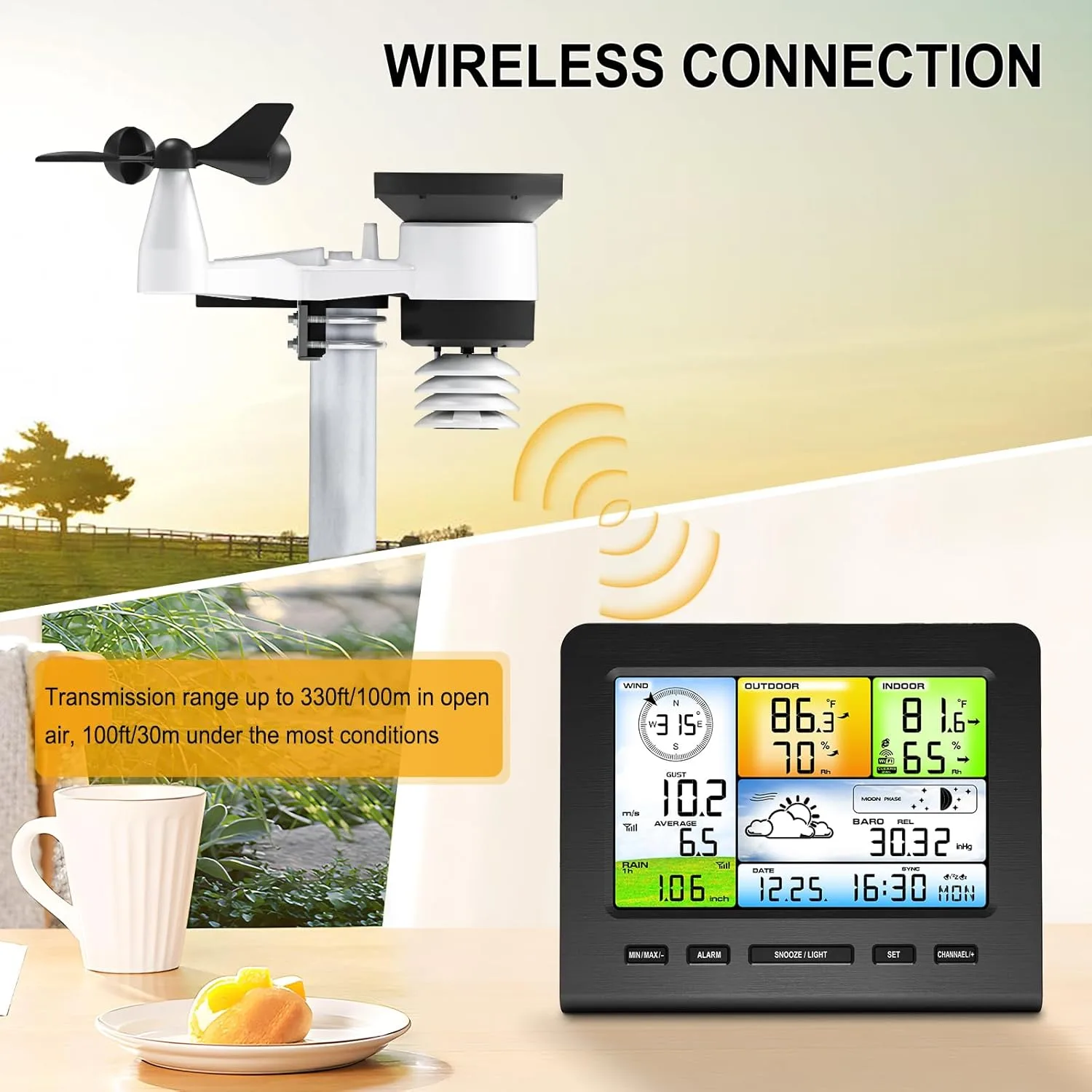 FT036A weather station system with console and sensor in a garden setting