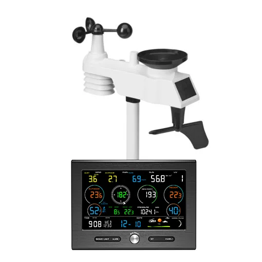 FT0376 WiFi weather station console with digital display and outdoor sensor mounted on a mast