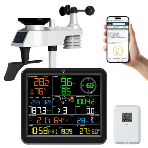 FT0390 weather station displaying indoor and outdoor temperature, humidity, wind, and CO2 levels