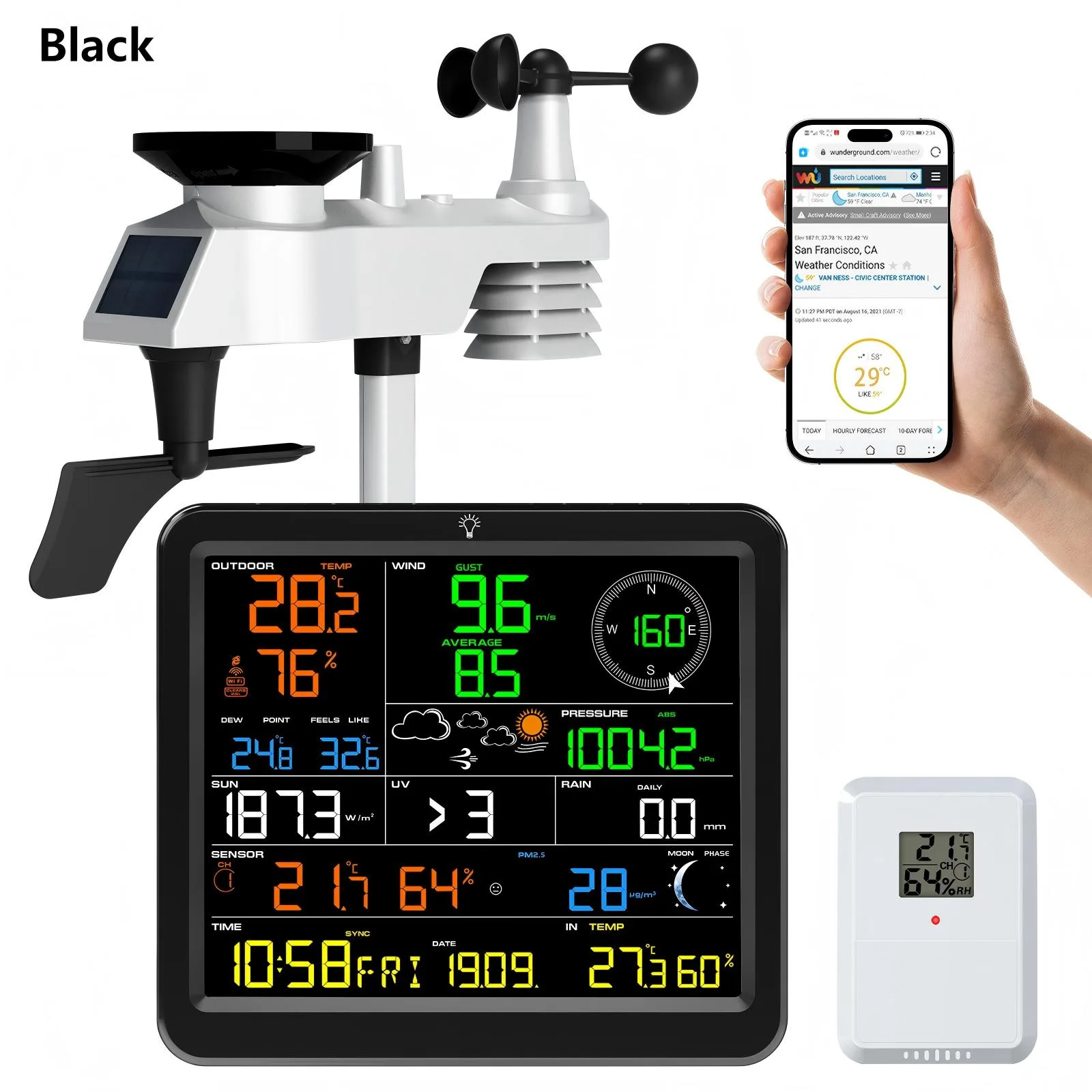 FT0390 weather station mounted on a wall with outdoor sensor visible