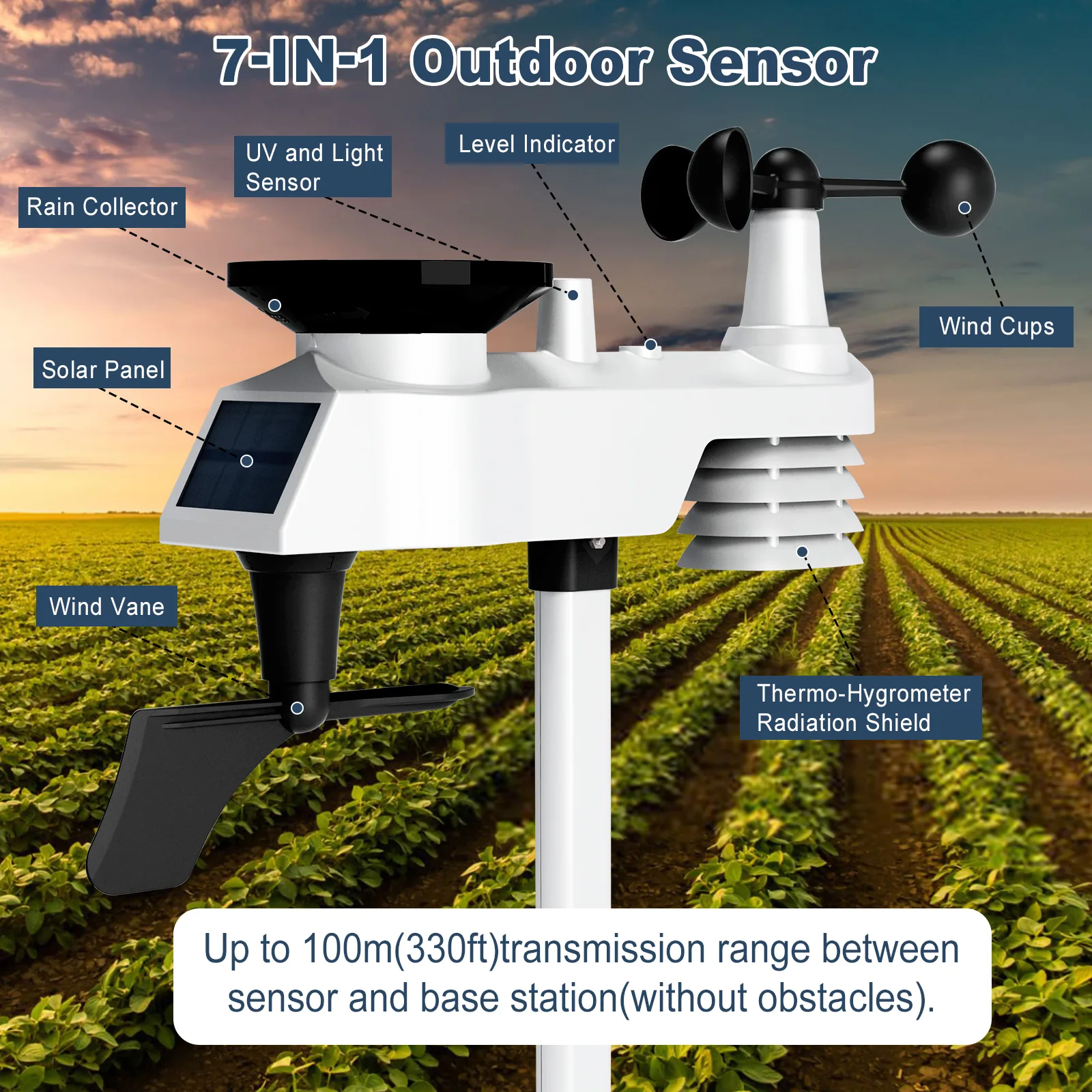 FT0390 WiFi weather station with large screen, integrated outdoor sensor, and solar panel