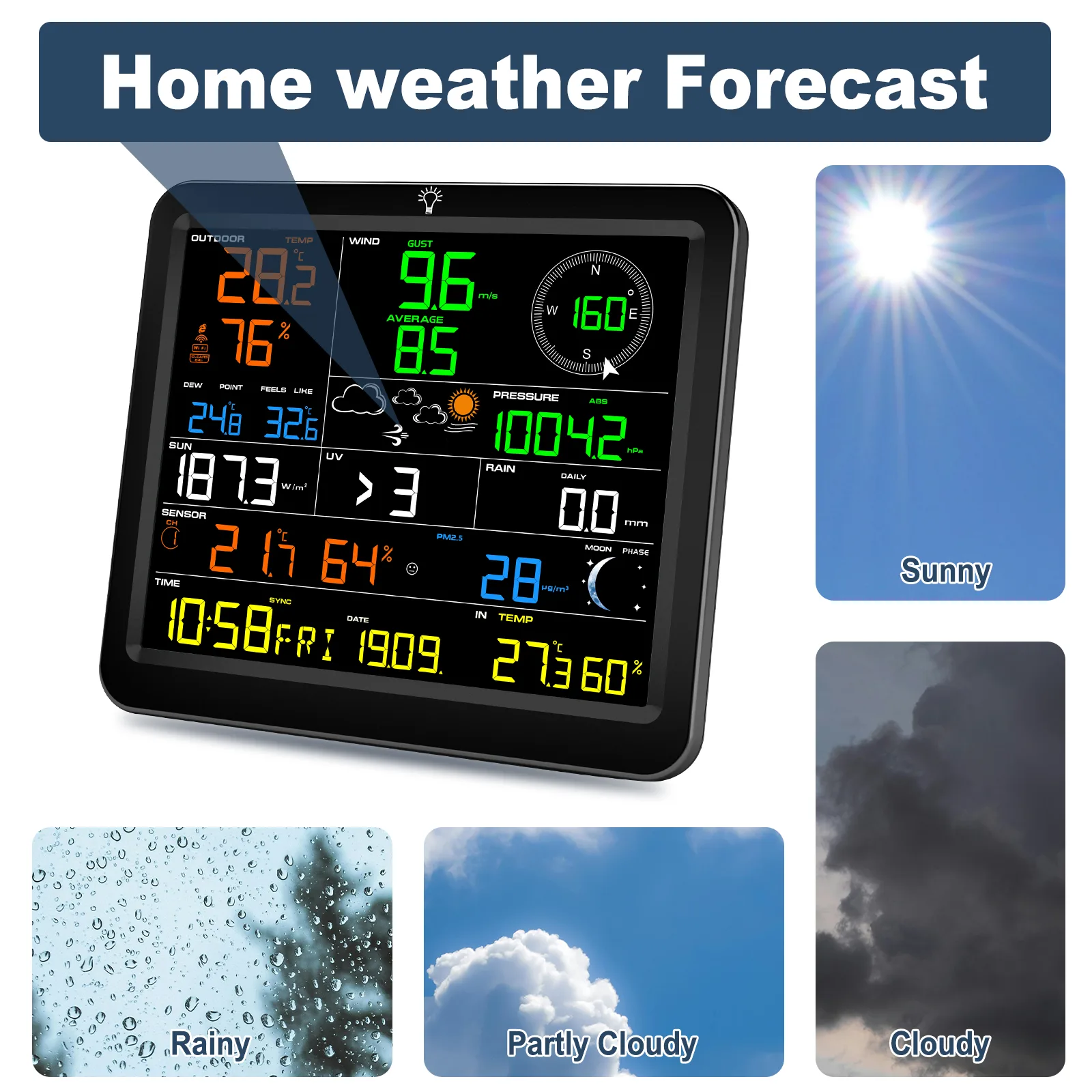 FT0390 WiFi weather station console with large screen, solar panel, and integrated outdoor sensor