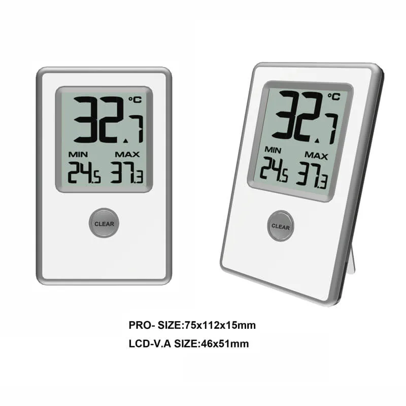 FT0402 thermometer placed on a desk showing temperature and humidity readings