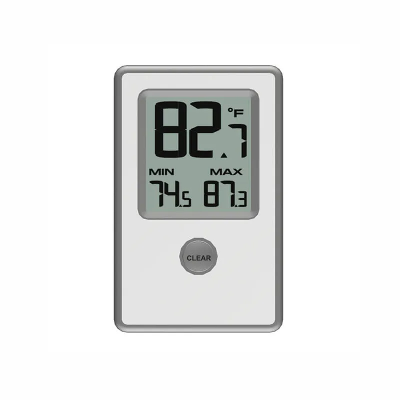 FT0402 thermometer with close-up of LCD display and battery door