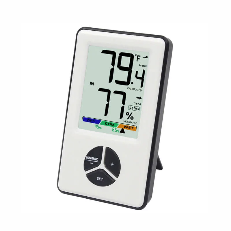 FT0406 unit placed on a desk showing temperature and humidity readings with comfort indicator