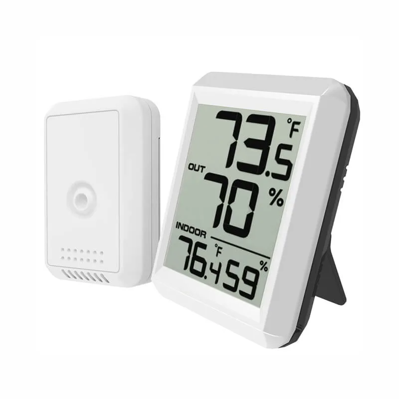 FT0423 wireless thermo-hygrometer console and remote sensor with LCD display and AAA battery compartment
