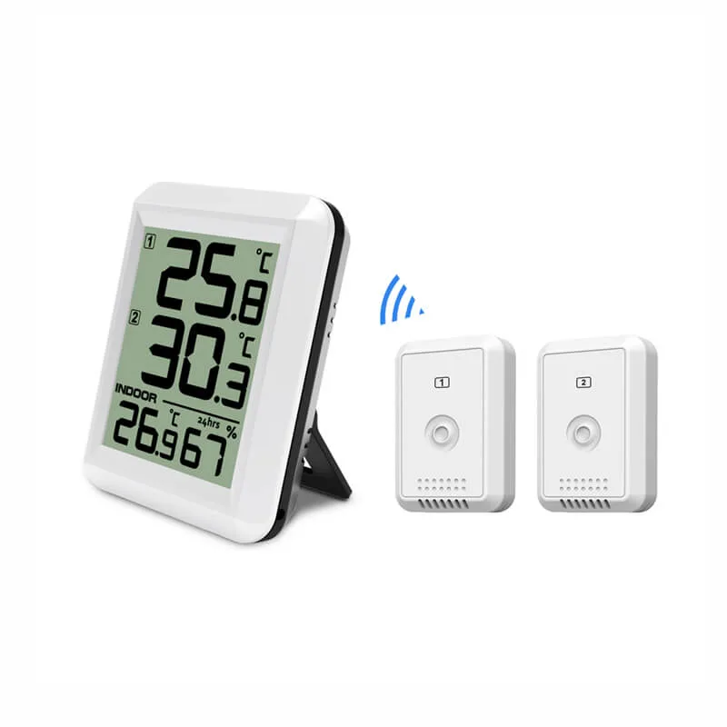 FT0424 indoor console and remote sensors mounted in a kitchen and refrigerator