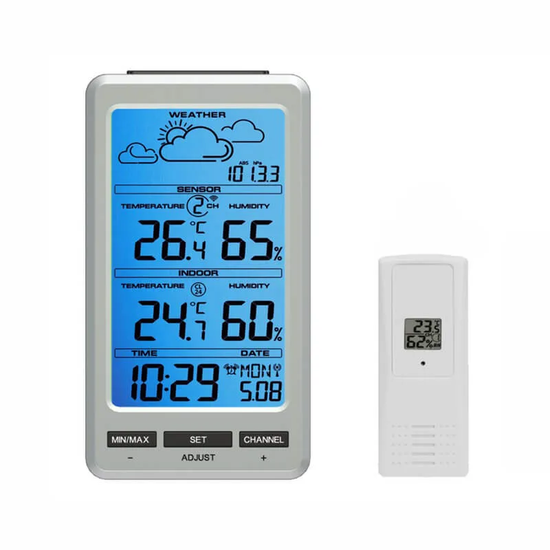 FT0804 RF weather station console with large 7-inch blue-backlit display and outdoor sensor