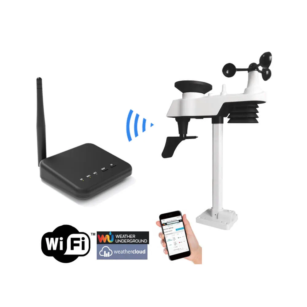 WS0100 WiFi weather station with indoor console and integrated outdoor sensor (FT019T) mounted on a pole