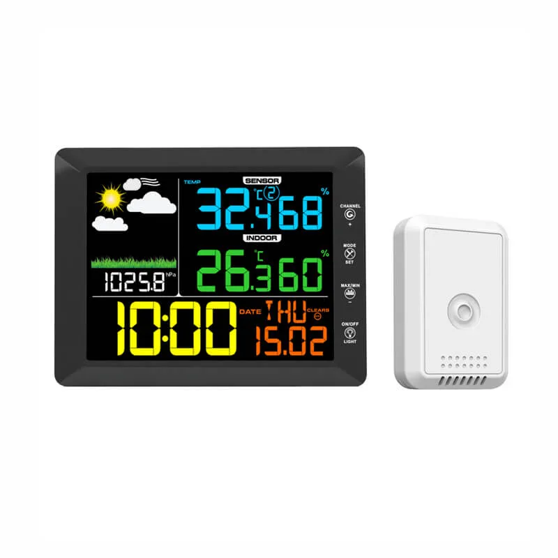 FT0810 RF weather station console with display and sensor mounted on a wall