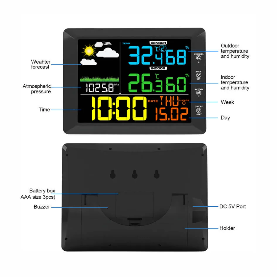 FT0810 weather station console showing temperature, humidity, and forecast on the LCD