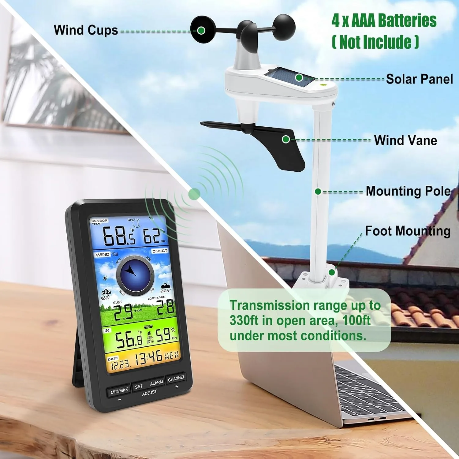 FT0214 outdoor sensor head mounted on a mast with solar panel and wind vane