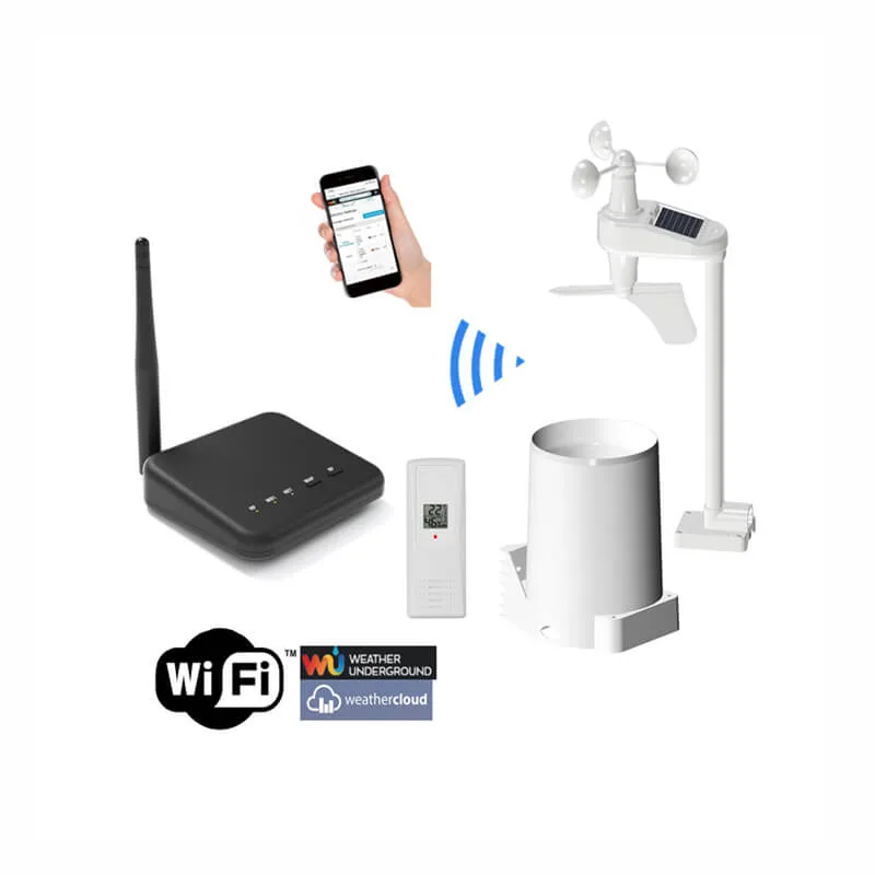 WS0102 WiFi weather station with indoor console and outdoor sensor mounted on a mast