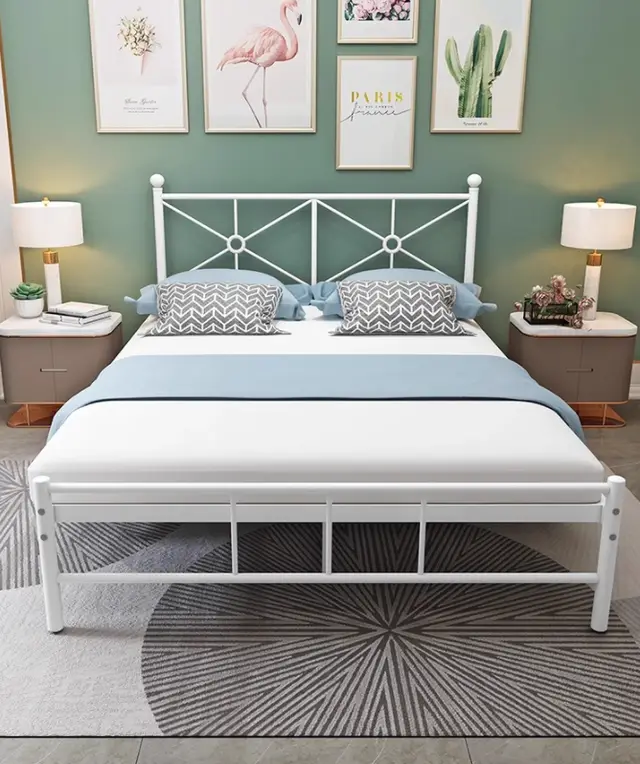 Metal Bed Frame with Built-in Headboard Loft Iron Bed Industrial Style Double Size Platfor