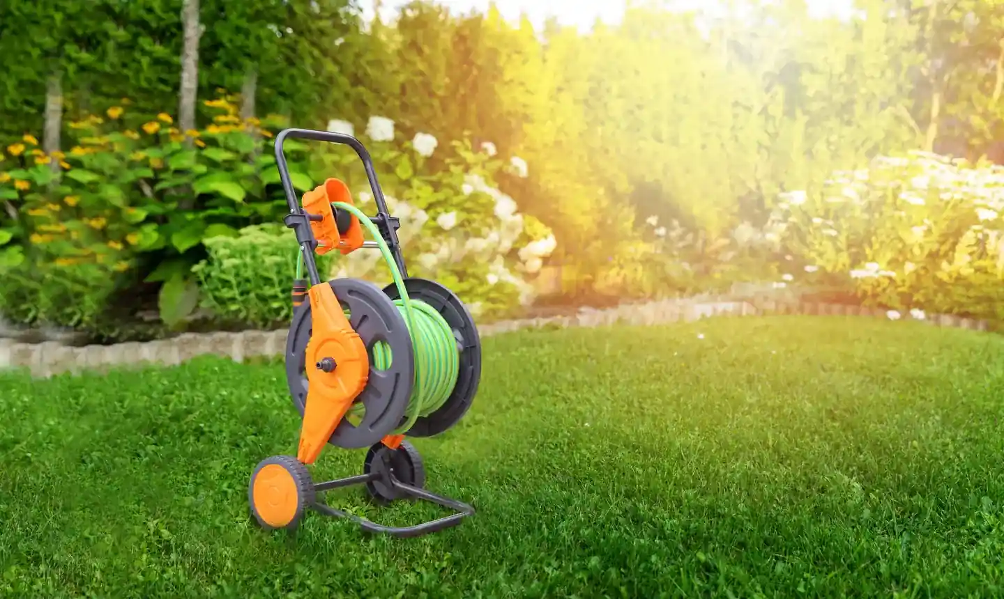 Lawn being watered while a hose reel stands nearby